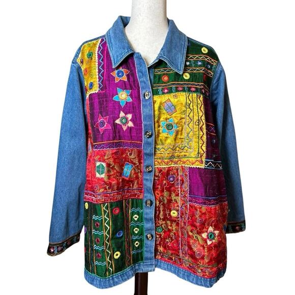 Vintage Cotton Blue Denim 100% Silk Patchwork Jacket 1X Funky Artsy Teacher 80's - Picture 1 of 8